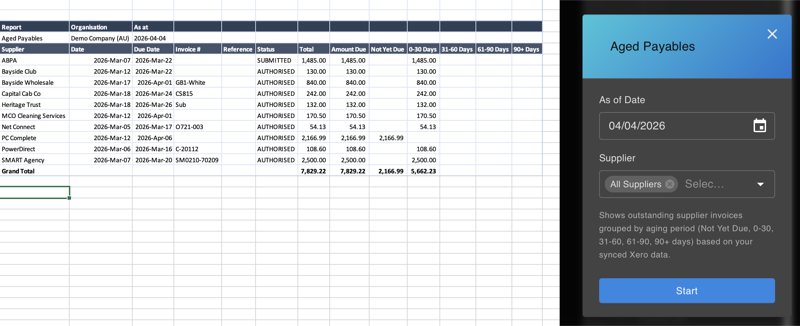 Aged Payables report in Excel with aging buckets and filter dialog