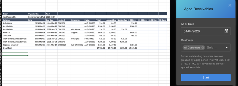 Aged Receivables report in Excel with aging buckets and filter dialog