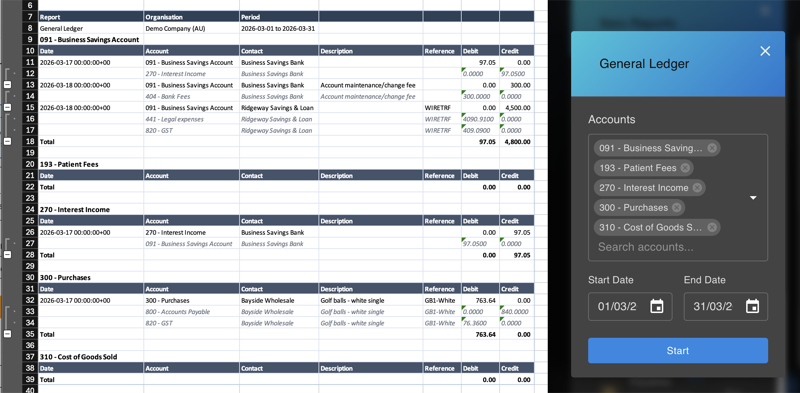 General Ledger report in Excel with expandable journal entries