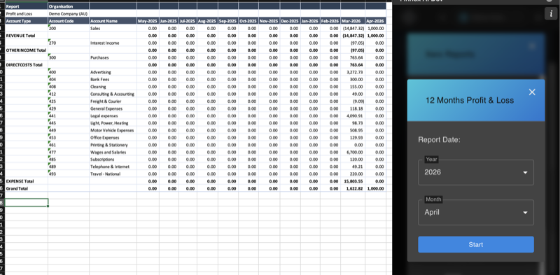 12-month Profit and Loss report in Excel with monthly columns and report dialog