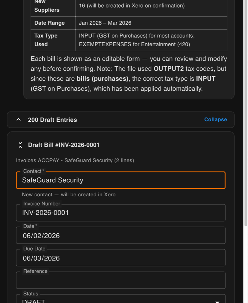 AI processing 200 draft bills from an uploaded file with editable draft form